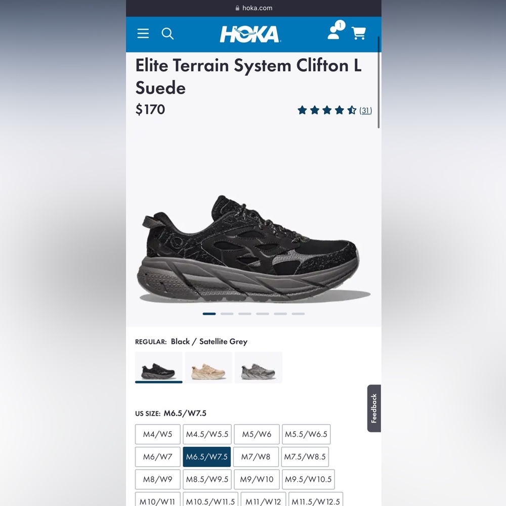 NWT Hoka Clifton Elite Terrain System L Suede Leather Black Grey Unisex Sneakers - Picture 6 of 16